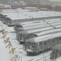 R-40M, R-42, and R-143 cars @ East New York Yard. Photo taken by Brian Weinberg, 02/17/2003. This was the Presidents Day Blizzar