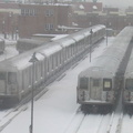 R-40M, R-42, and R-143 cars @ East New York Yard. Photo taken by Brian Weinberg, 02/17/2003. This was the Presidents Day Blizzar